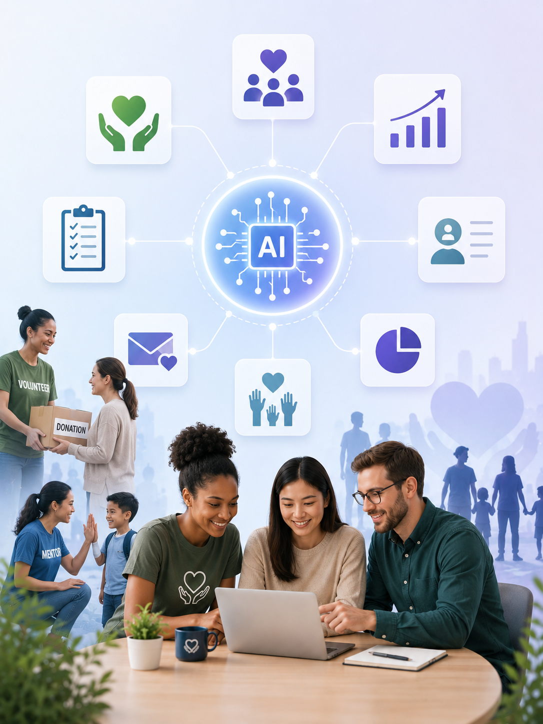 Nonprofit data from donors, programs, cases, and grants connecting into one Salesforce AI platform
